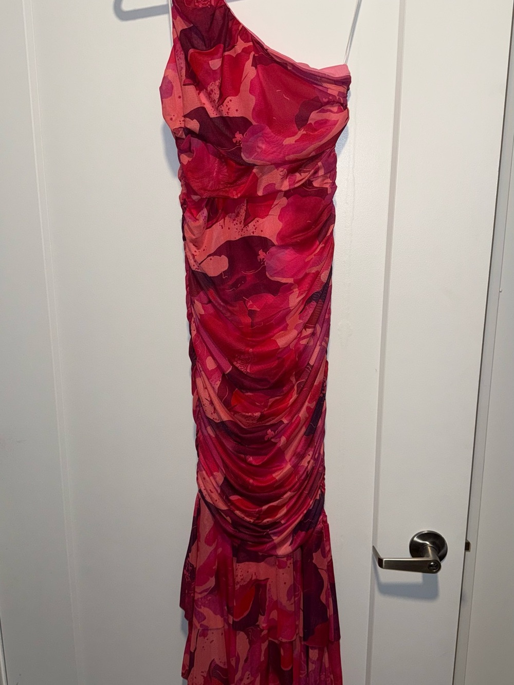 Hello Molly One-Shoulder Pink and Red Ruched Evening Gown